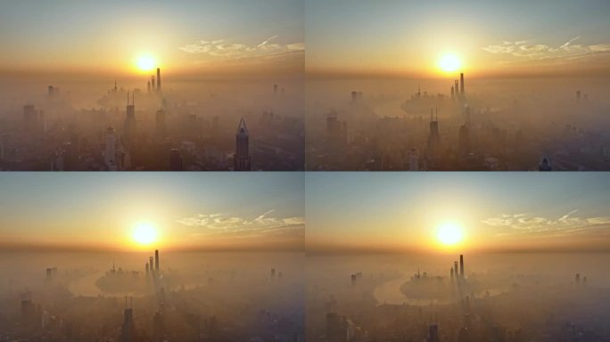 上海陆家嘴城市天际线日出震撼平流雾航拍