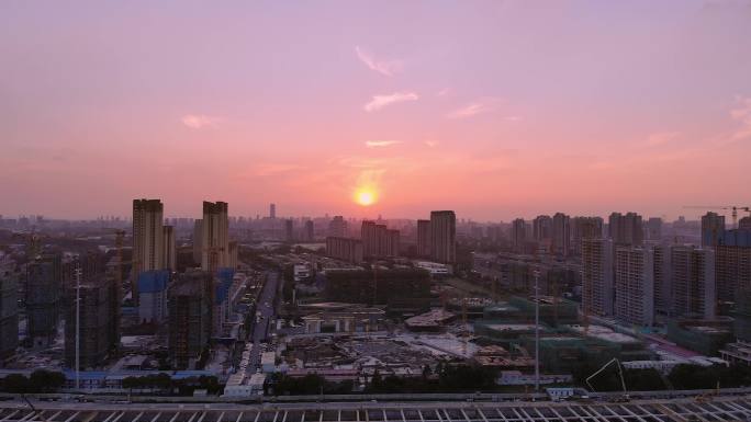 航拍小城市夕阳落日