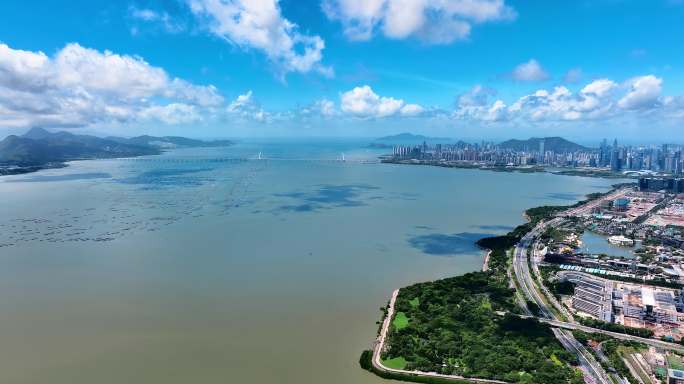 航拍深圳湾和后海以及香港元朗