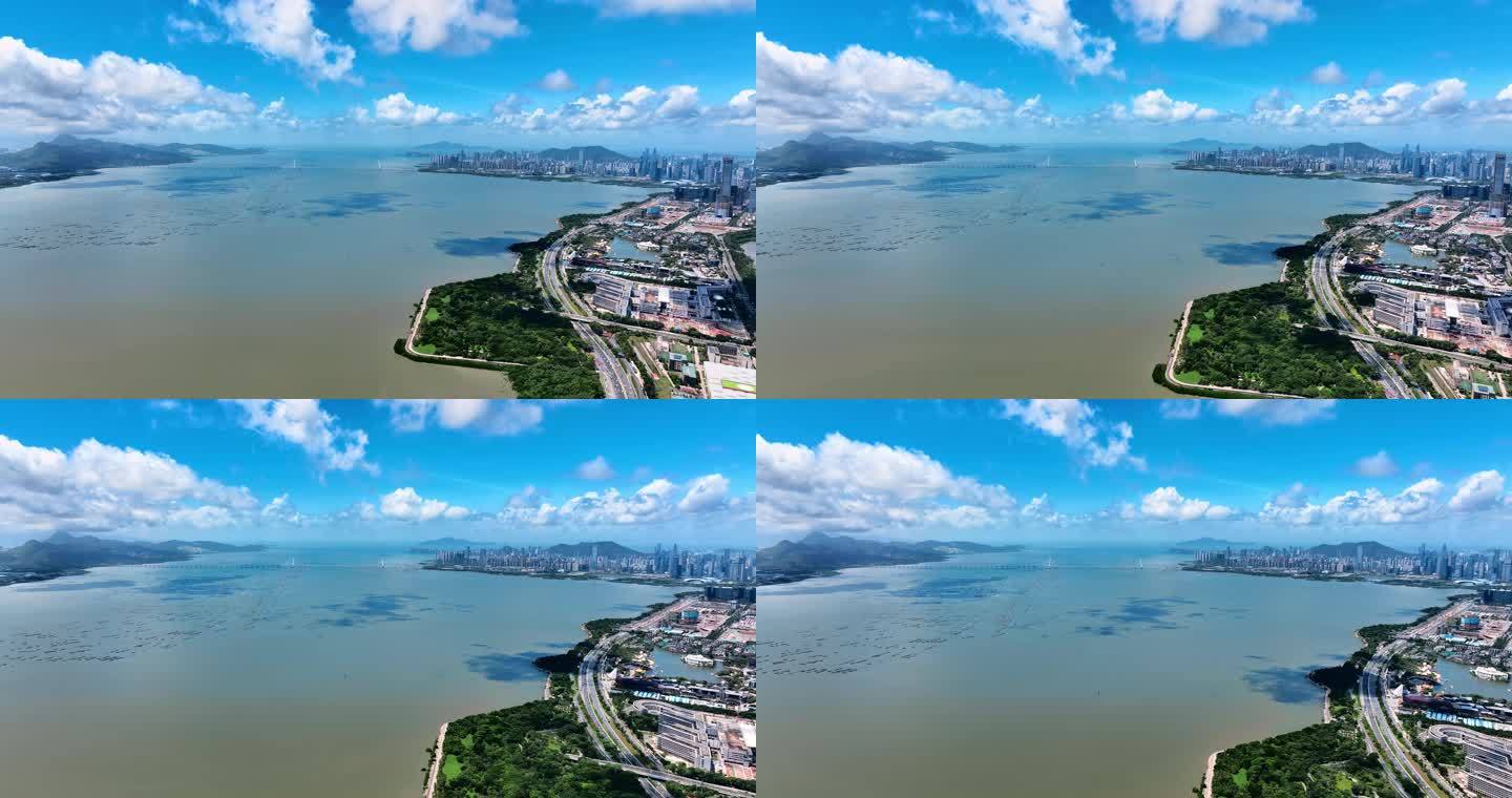 航拍深圳湾和后海以及香港元朗