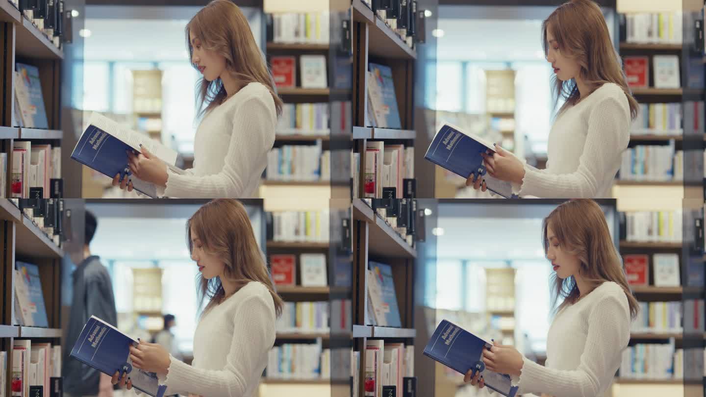 MCU年轻成年女性在书店阅读