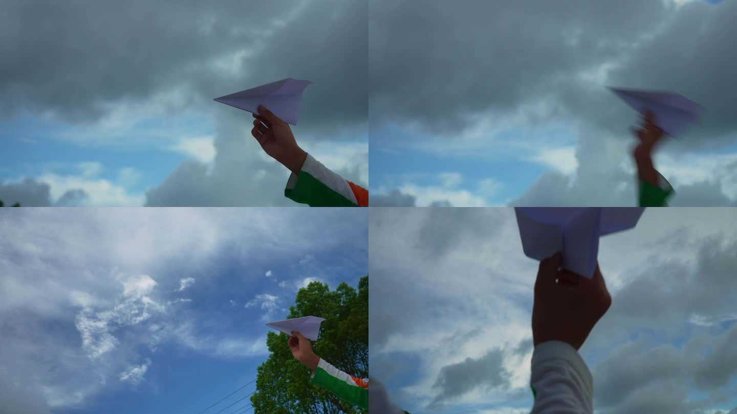 孩子向蓝天白云放飞纸飞机4组