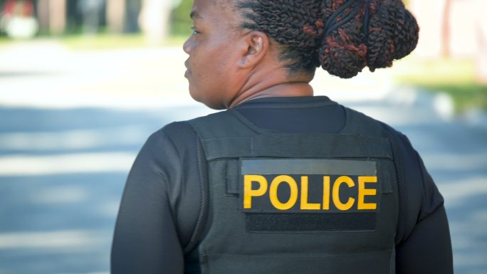 非裔美国女警察在社区中行走