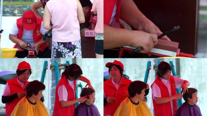 志愿者为村民老人上门服务磨剪刀理发剃头