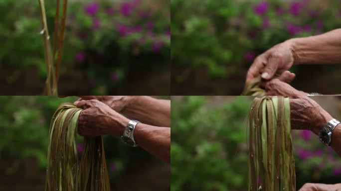 江南老人皱纹双手批苎麻传统农活实拍原素材