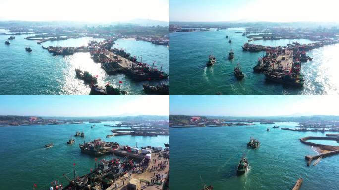 航拍青岛西海岸新区渔港码头渔船捕捞归来