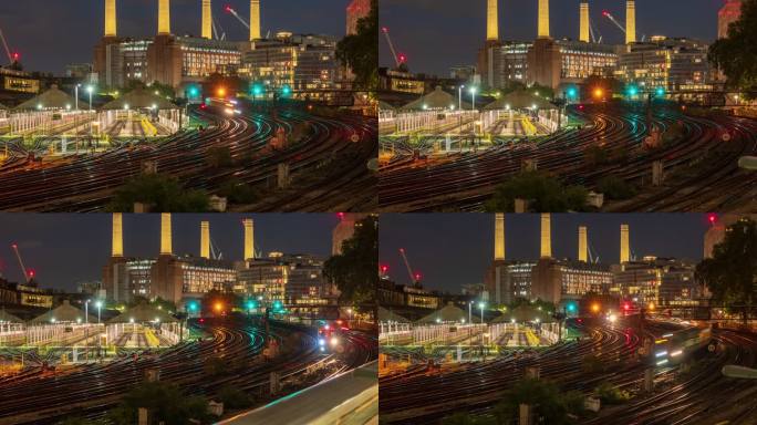 黄昏时英国伦敦巴特西发电站和火车站视图-4k延时（放大）