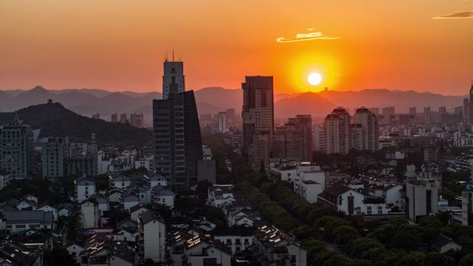 绍兴城市日落夕阳航拍