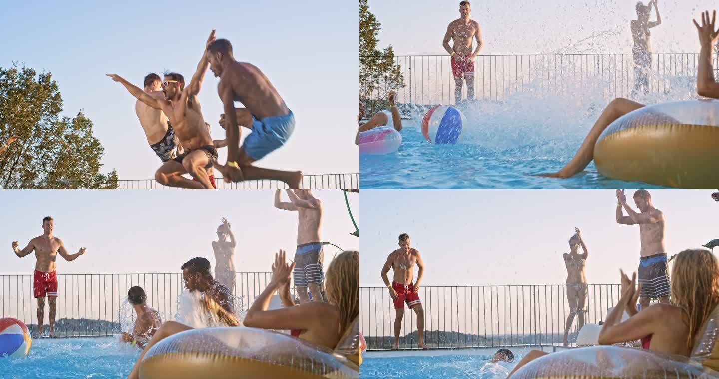 SLO-Mods三个男人在日落时一起跳进游泳池，他们的朋友拍手大笑