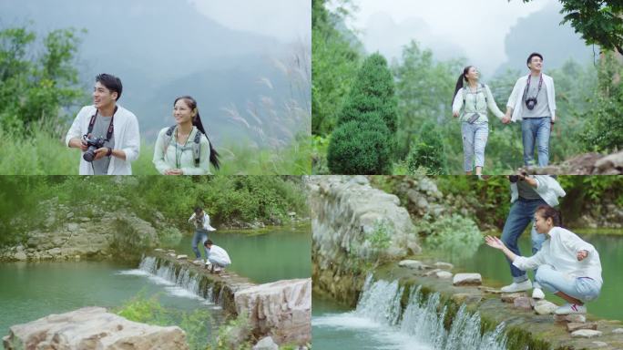 情侣户外旅游山涧玩水拍照
