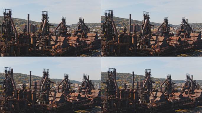 SteelStacks-宾夕法尼亚州伯利恒历史悠久的废弃钢铁厂。空中无人机视频，具有电影般复杂的向后