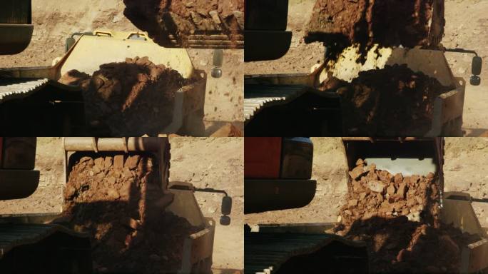 在阳光明媚的施工现场，挖掘机铲斗将岩石和泥土倒入自卸车后部的慢镜头（铰接式自卸车）