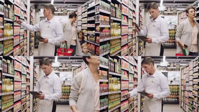 一名商店工作人员在超市帮助一位女士的4k视频片段