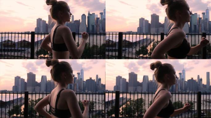 一位年轻女子在纽约市海滨夕阳下锻炼
