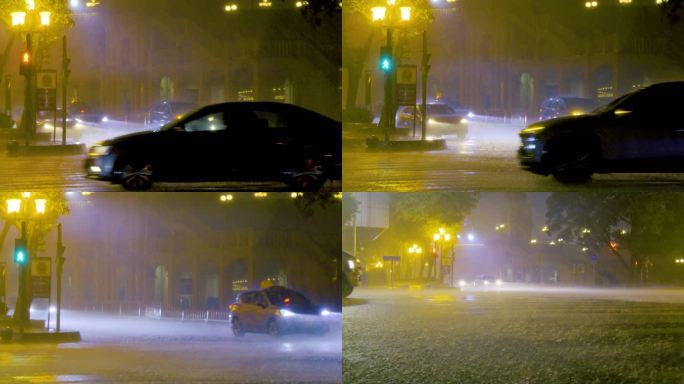 暴雨中三岔路口大暴雨 大雨中的城市街道