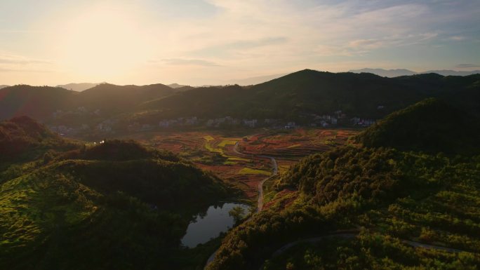 山区乡村日出晨光航拍