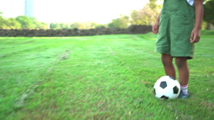 一个快乐的非洲裔单身父亲和年幼的儿子在美丽的阳光日在公园的草地上踢足球。足球活动使这个非洲家庭非常快