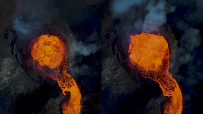 冰岛Fagradalsfjall火山喷发和熔岩间歇泉的鸟瞰图