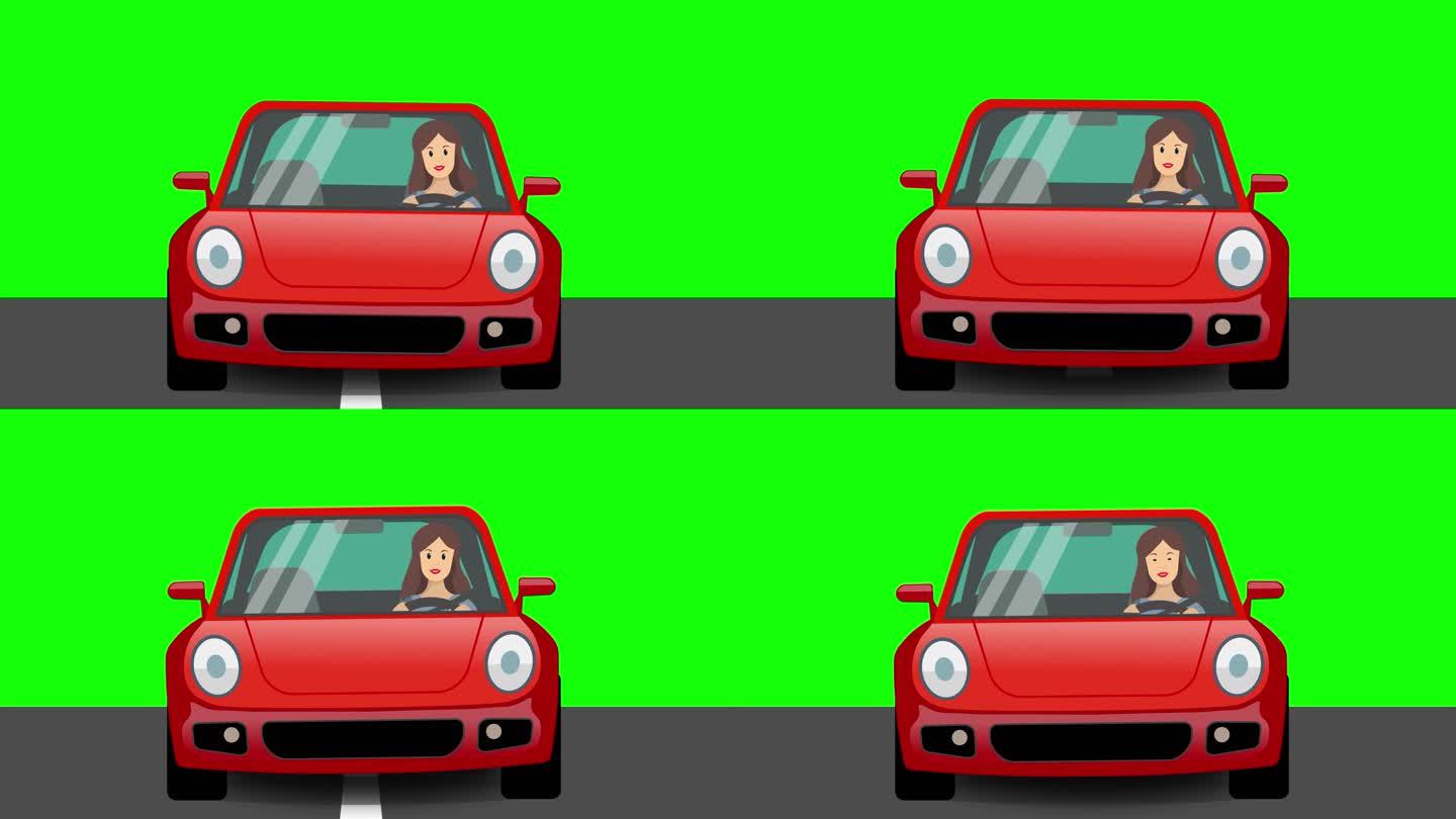 红色汽车的概念，卡通人物快乐的女人开车。具有规则的驱动程序创建积极情绪，4K分辨率动画。可循环。色度