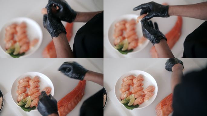 日本厨师做鲑鱼寿司