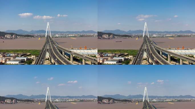8k台州椒江蓝天白云下的二桥车流延时全景