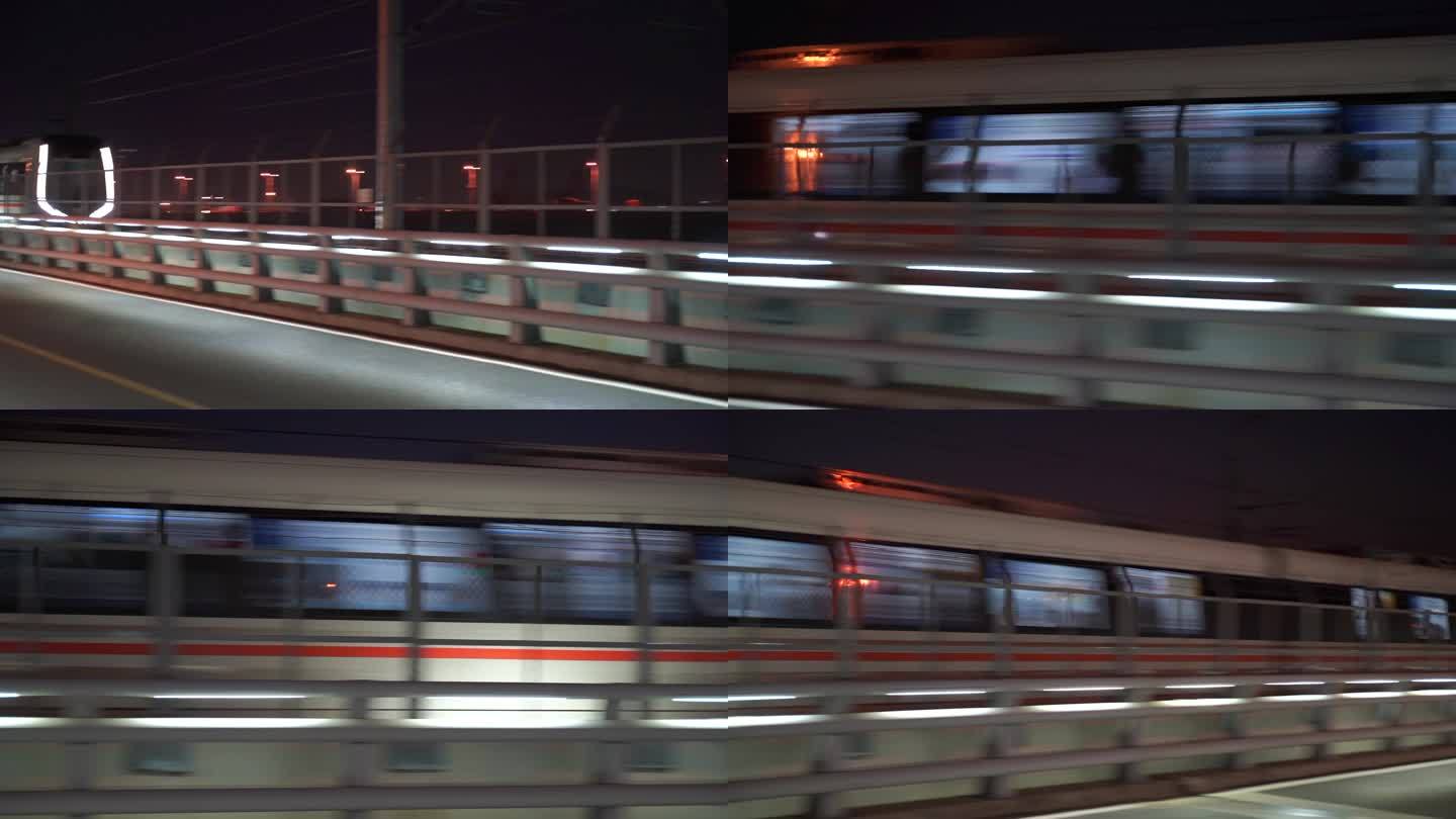 晚上动车高铁行驶镜头夜间火车快速行驶地铁