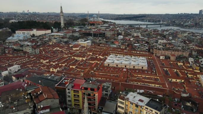大巴扎鸟瞰，大巴扎屋顶，屋顶鸟瞰，伊斯坦布尔鸟瞰，4K大巴扎位于伊斯坦布尔，世界上最受欢迎的旅游景点