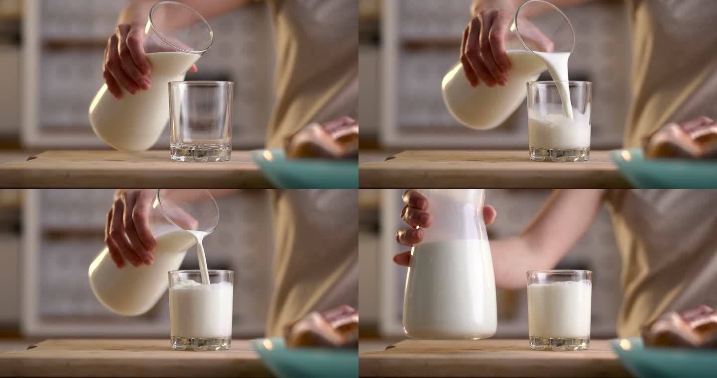 一个面目全非的女性正在往杯子里倒牛奶。