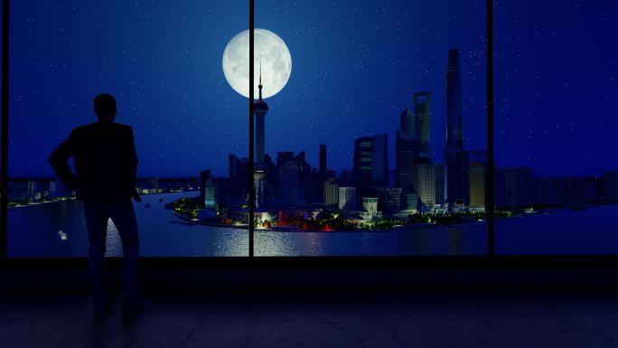 城市深夜大月亮