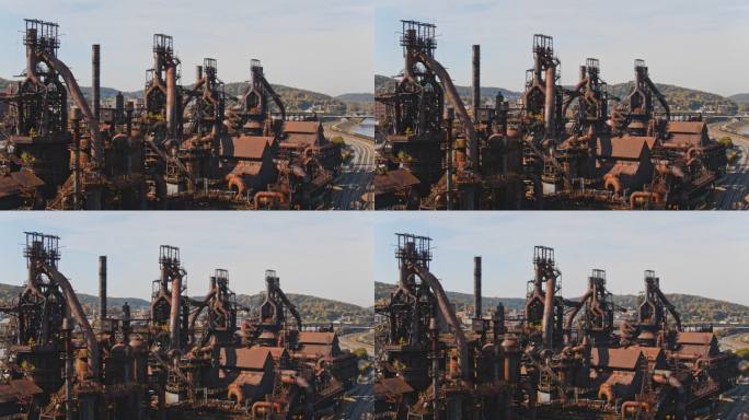 SteelStacks-宾夕法尼亚州伯利恒历史悠久的废弃金属工厂。空中无人机视频与平移摄像机的运动。