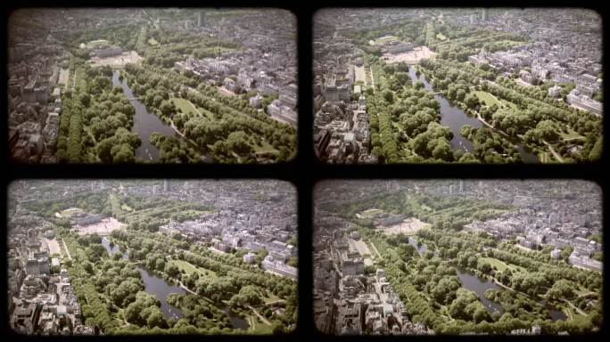 英国伦敦梅菲尔的老电影鸟瞰图。4K