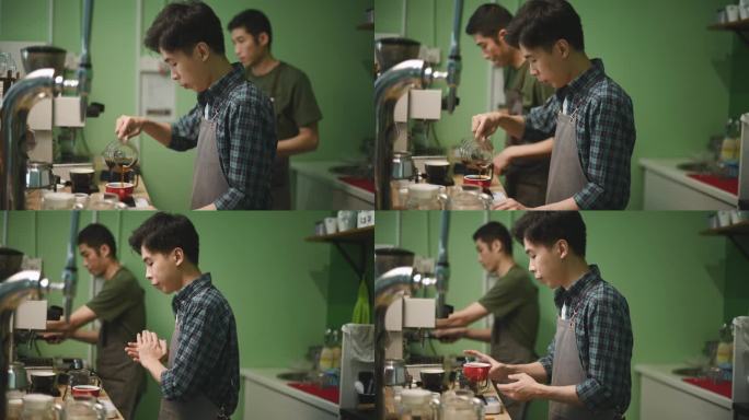 亚裔中国男咖啡师在体重秤上手动将咖啡壶中的咖啡倒入陶瓷咖啡杯