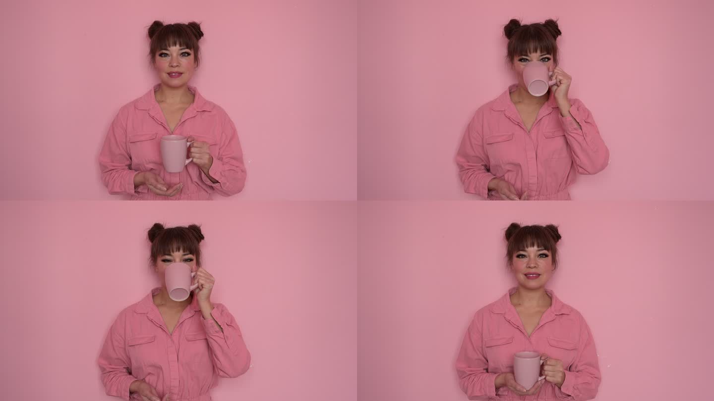 穿着粉色连体衣的多种族女性正在享受一杯咖啡
