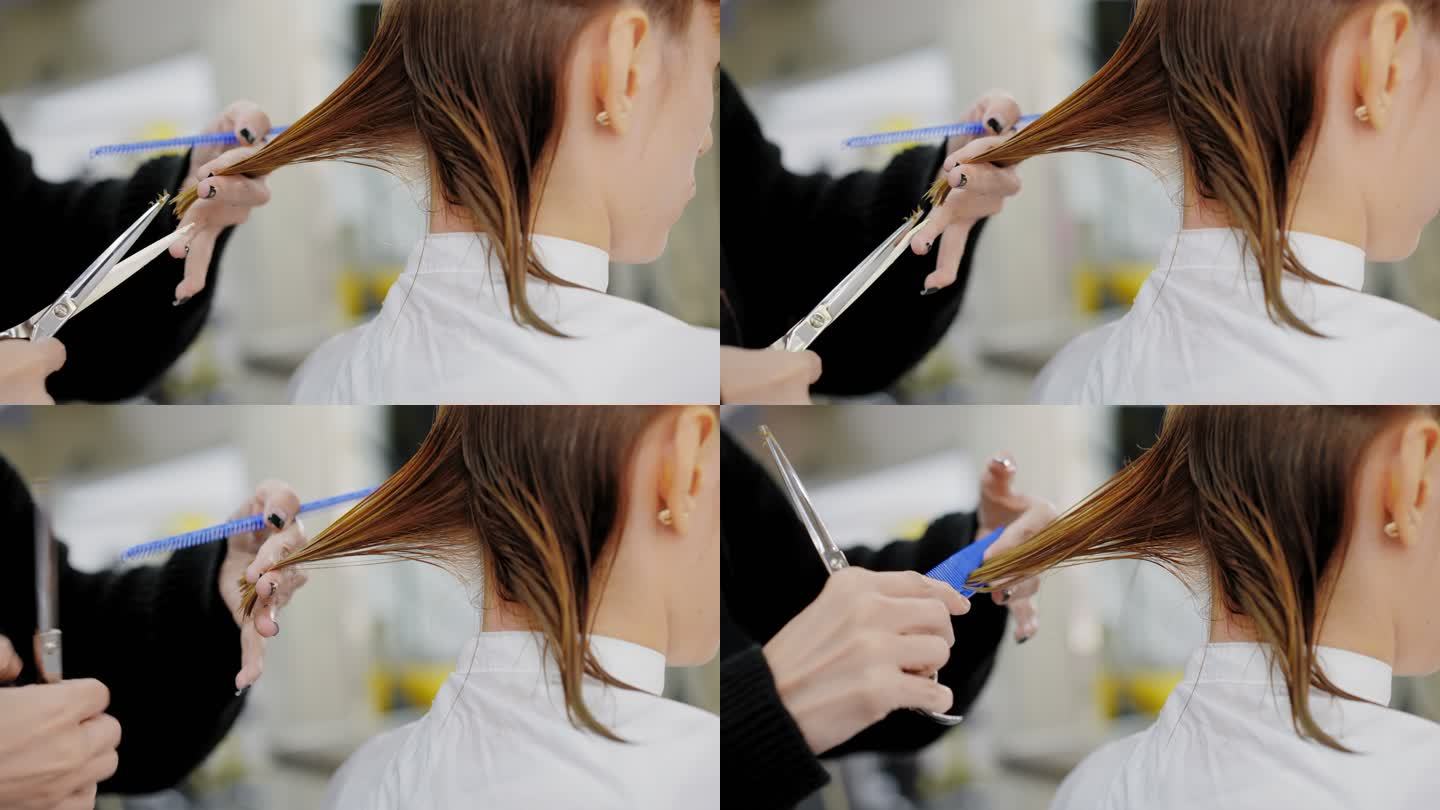 专业美发师的女性手拿着女性的棕色头发，为客户剪发，在美容院为女性顾客剪新发型。