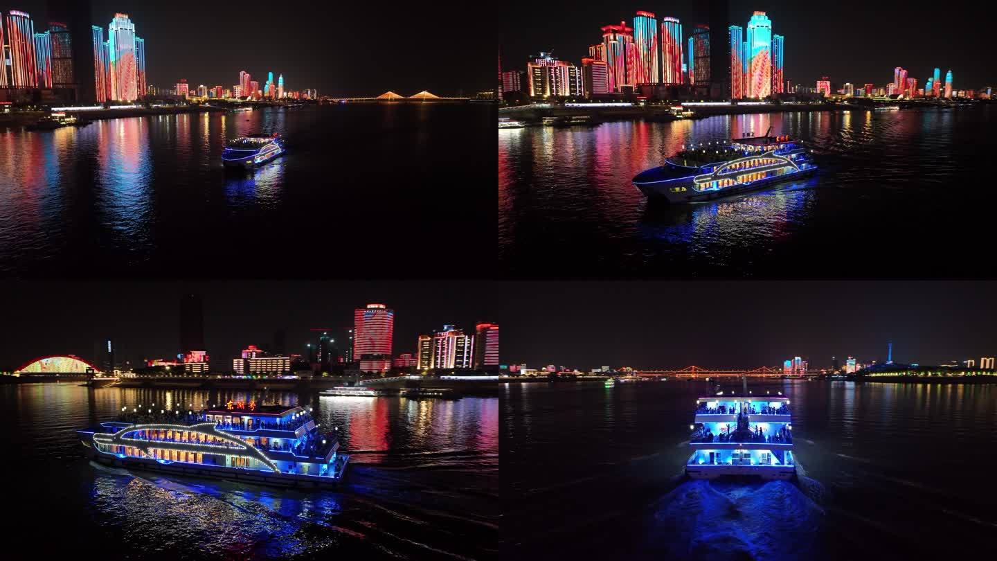东湖号游轮航行在武汉长江上夜景灯光秀航拍