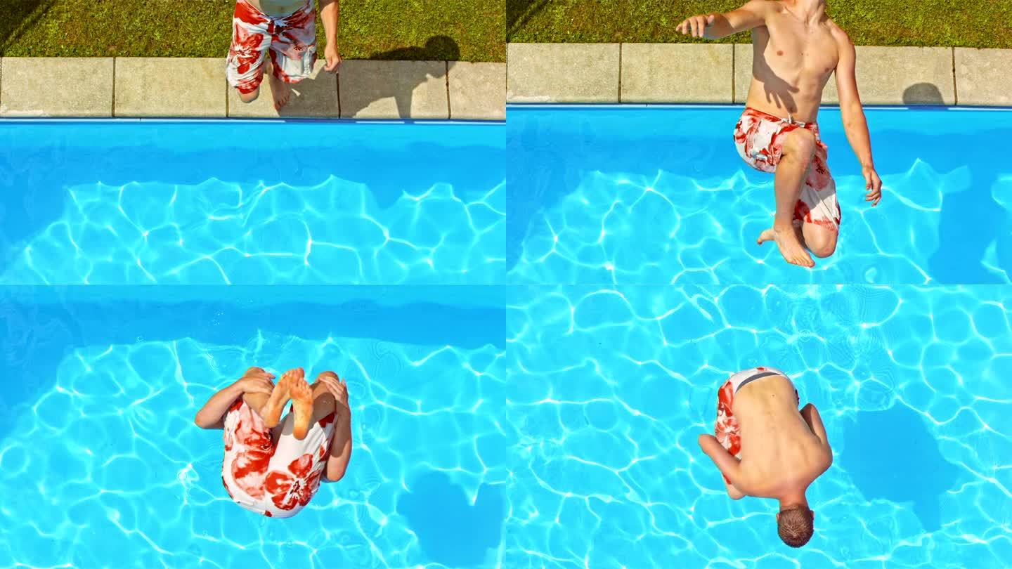 SLO-MO-CS男子在游泳池中做后空翻