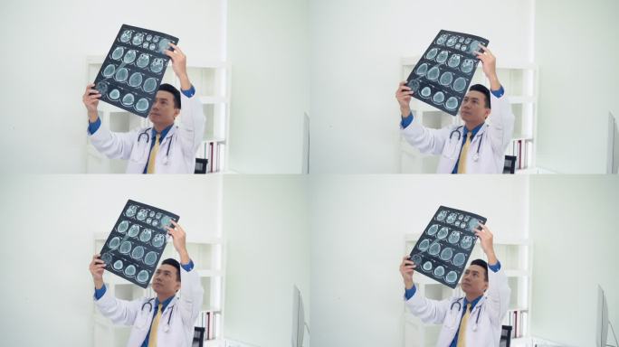 医生正在检查脑部计算机断层扫描并看x光片。