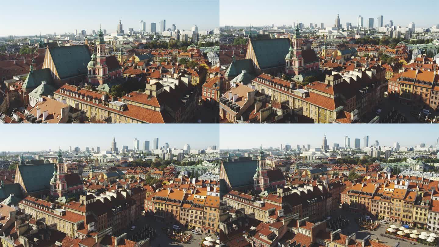 华沙老城鸟瞰图，远处的天际线