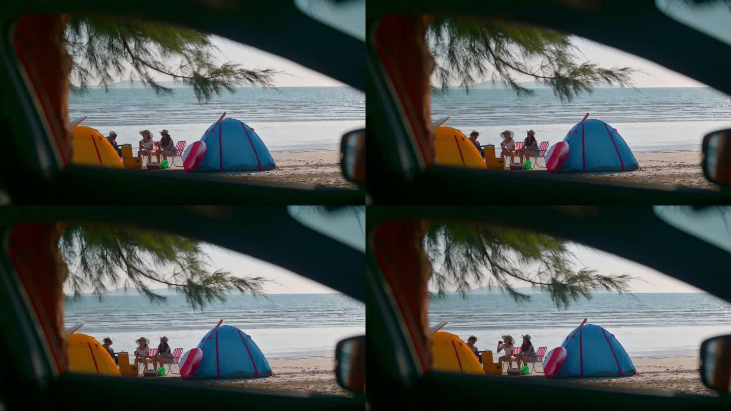 露营车沙滩玩耍帐篷美女