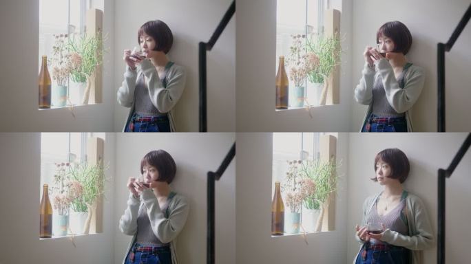 年轻女性日本成年人喝咖啡和沉思