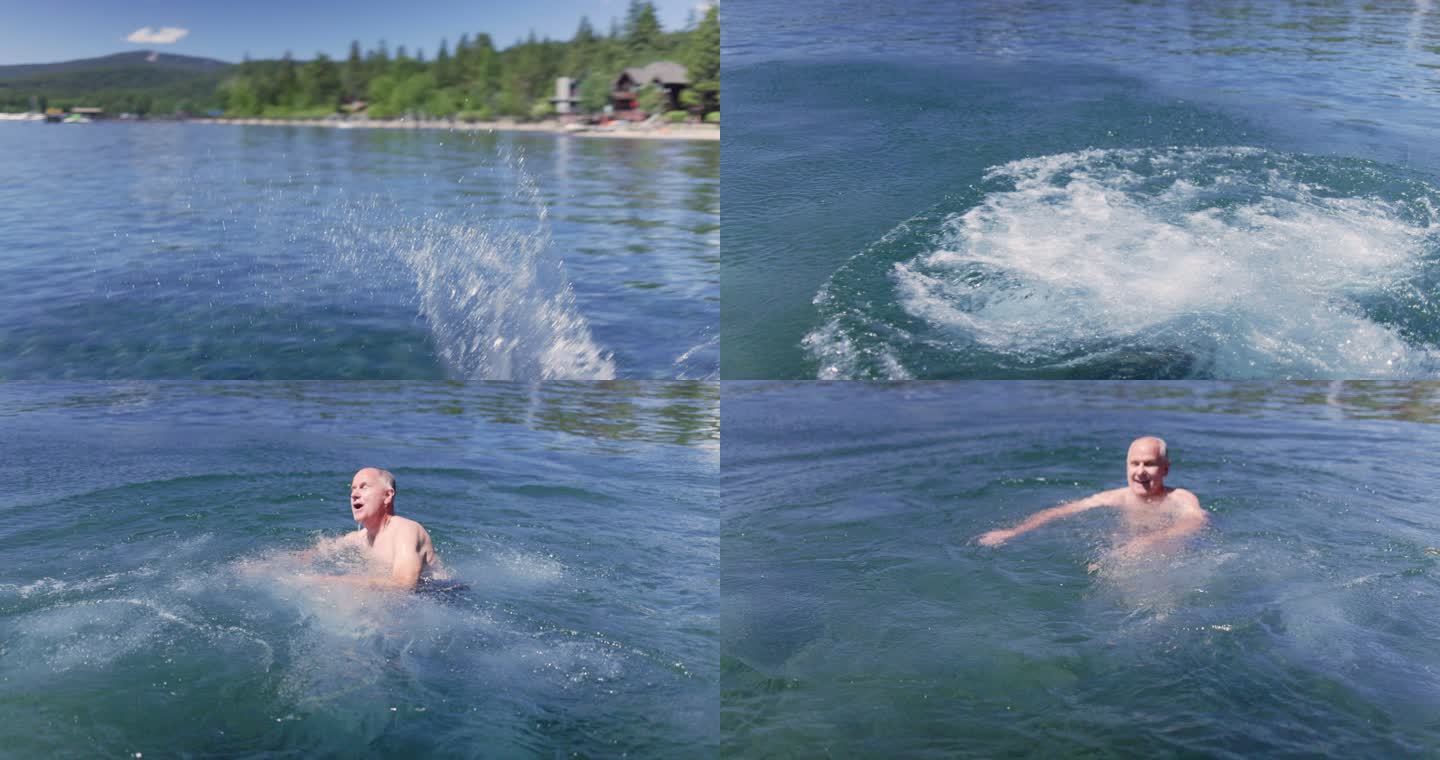 老人跳进湖里亲近自然享受时光水上运动