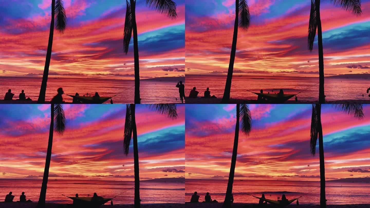 夏威夷威基基海滩日落。房地产。