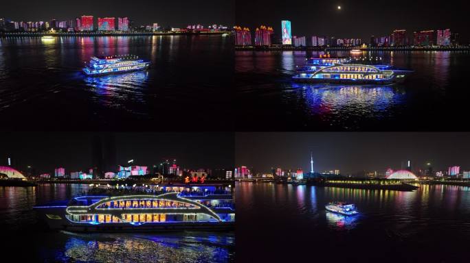 东湖号游轮航行在武汉长江上夜景灯光秀航拍