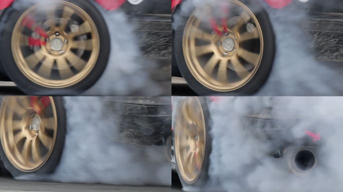 SLO-MO赛车漂移车在高速赛道上燃烧轮胎