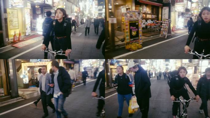 日本女性食品快递员在东京寻找送货地址（慢动作）
