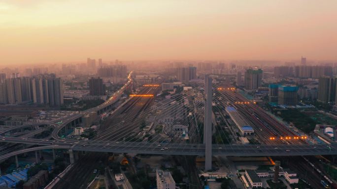 航拍郑州铁路北站晨曦