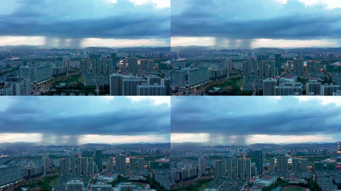 城市积雨云暴雨雨阵夜景风光4K航拍