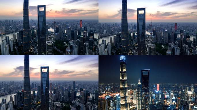 T/L上海城市天际线日夜鸟瞰图