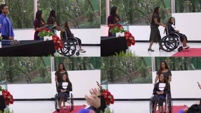 一个坐轮椅的女人即将毕业。