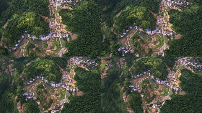 俯拍山里的小村庄村落